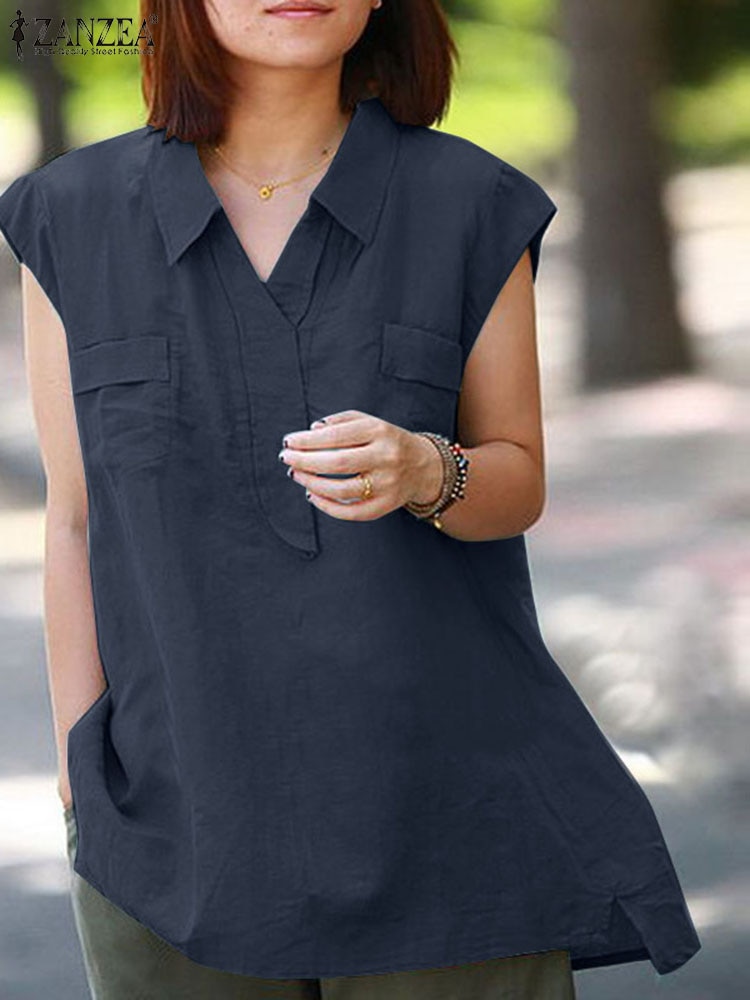 ZANZEA Oversize Baggy Shirts For Women V Neck Short Sleeve Blouse Summer Causal Work Tops Solid Color Lapel Neck Blusas Femme