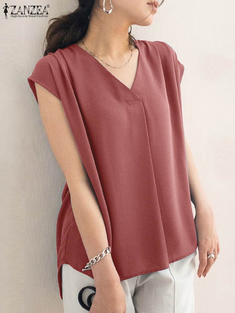 ZANZEA Elegant Summer V Neck Short Sleeve Blouse Women Office Work Tops Fashion Casual Party Blusas Solid Loose Shirt Female