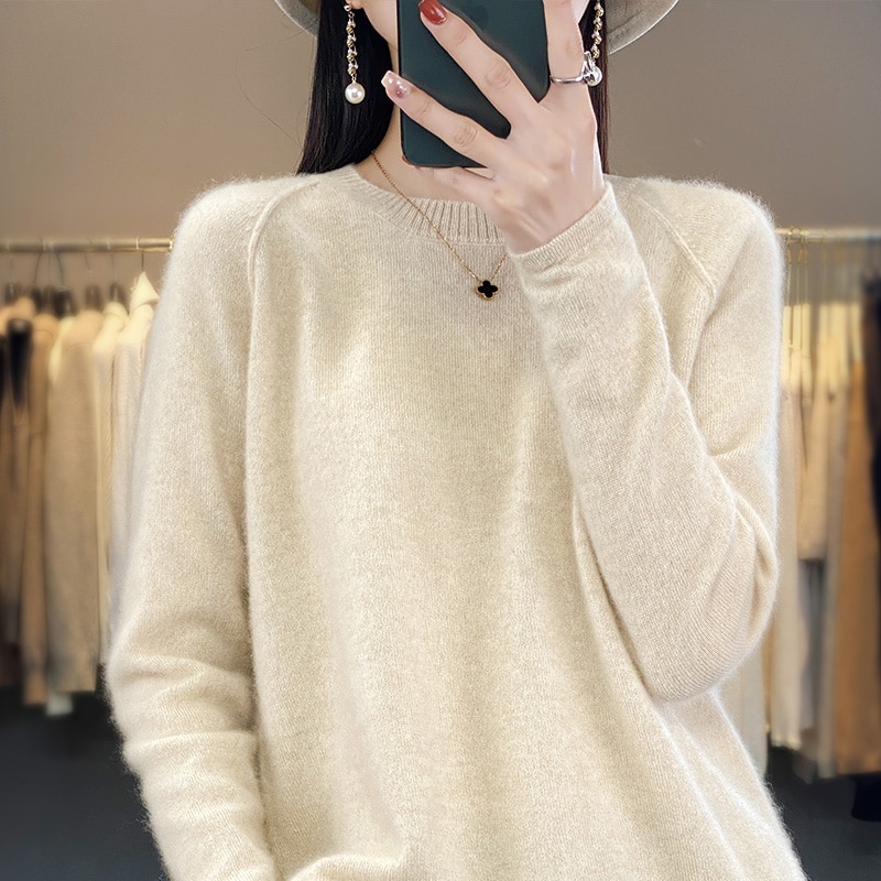100% pure wool cashmere sweater women's O-neck pullover spring and autumn casual knit top solid color conventional women&ap