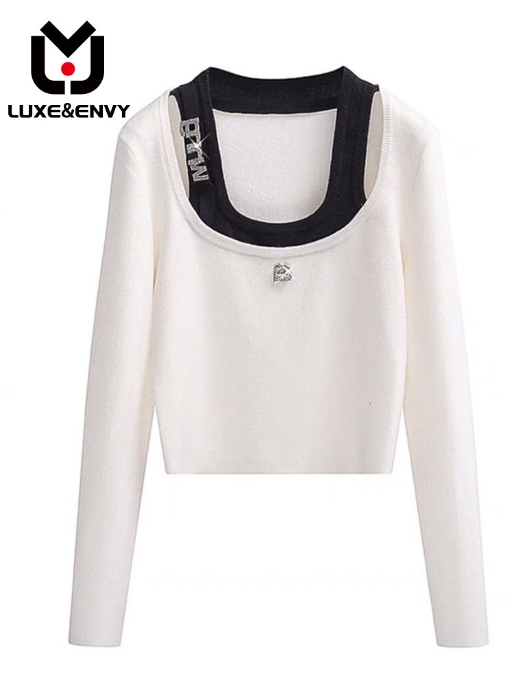 LUXE&ENVY Design Letter Embedding Diamond Fake Two Pieces Black and White Color Matching Slim Fit Knitted Bottom 2023 autumn