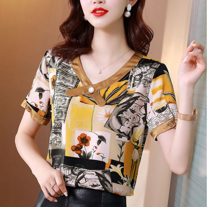 Fashion V-Neck Spliced Button Printed Chiffon Blouse Women's Clothing 2023 Summer New Oversized Casual Pullovers Commuter S