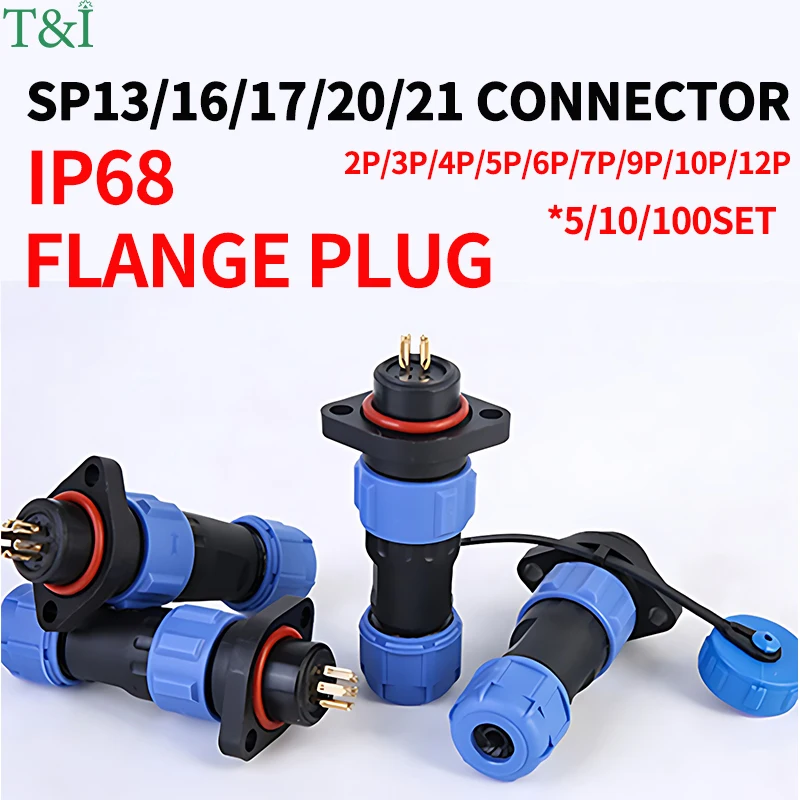 IP68 Aviation Connector SP17 SP13 SP16 SP20 SP21 Male Plug & Female Socket 2 Hole Flange Panel Mount 2 3 4 5 6 7 9 10 12Pin