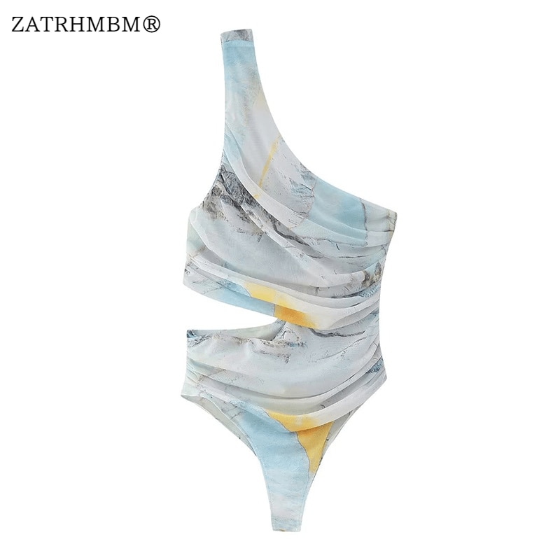 ZATRHMBM Women 2023 Summer Fashion Tulle Printed Bodysuits Vintage Sloping Shoulders Cutout Female Playsuits Chic Tops