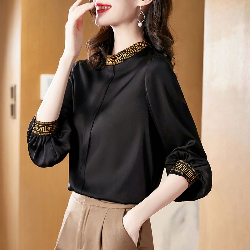 Half High Collar Embroidery Long Sleeve Black Shirt Office Ladies Blouse Casual Business Korean Fashion Tops Free Shipping New