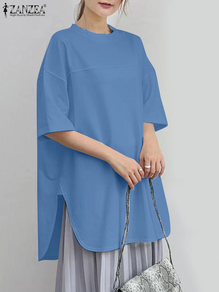 ZANZEA Female Fashion Tunic Tops Summer Split Hem Blusas Mujer Elegant Solid Thin Shirt O-Neck Half Sleeve Casual Blouse 2023