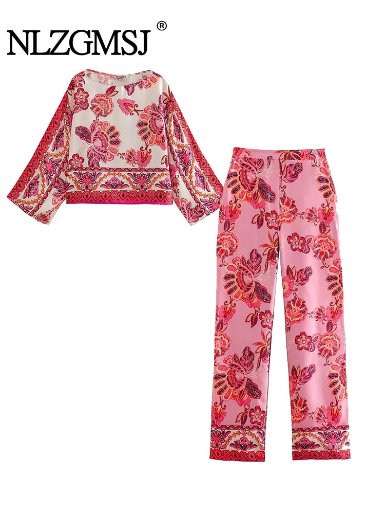Nlzgmsj 2023 Fashion Printed Women Satin Suits Traf 3/4 Sleeves Loose Shirt Thin Crop Top Female Pants 2 Piece Sets Summer