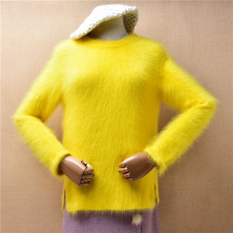 04 Female Women Fall Winter Clothing Yellow Hairy Mink Cashmere Knitted Split Slim Blouses Angora Fur Pullover Jumper Sweater