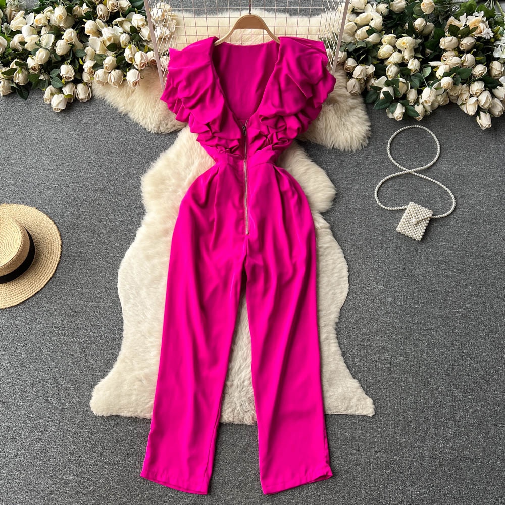 Clothland Women Chic Ruffled Jumpsuit V Neck Zipper Short Sleeve One Piece High Waist Fashion Playsuit Mujer KA335