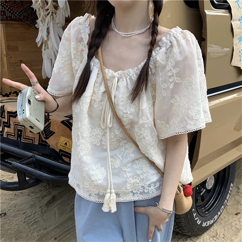 PLAMTEE Apricot Sweet Girls Blouses Summer Florals Embroidery 2023 Puff Sleeve Chic Women New Loose Gentle Casual Daily Slim