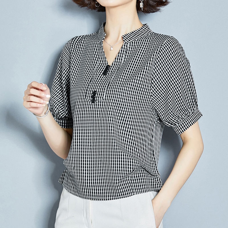 Women Spring Summer Style Chiffon Blouses Shirts Lady Casual Short Lantern Sleeve Plaid Printed V-Neck Blusas Tops plus size