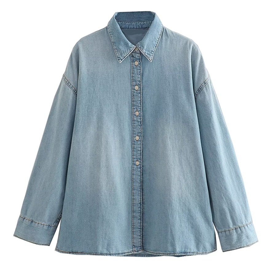 Jenny&Dave American Retro Blouse Casual Top Ladies Washed Old Boyfriend Denim Shirt Women