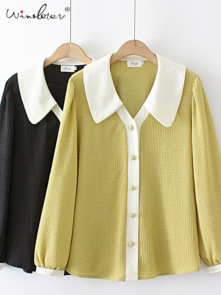 New Arrival Spring Women Cotton Shirts Peter Pan Collar Long Sleeve Color-Block Casual Button Blouse Loose Tops Fall T35604M
