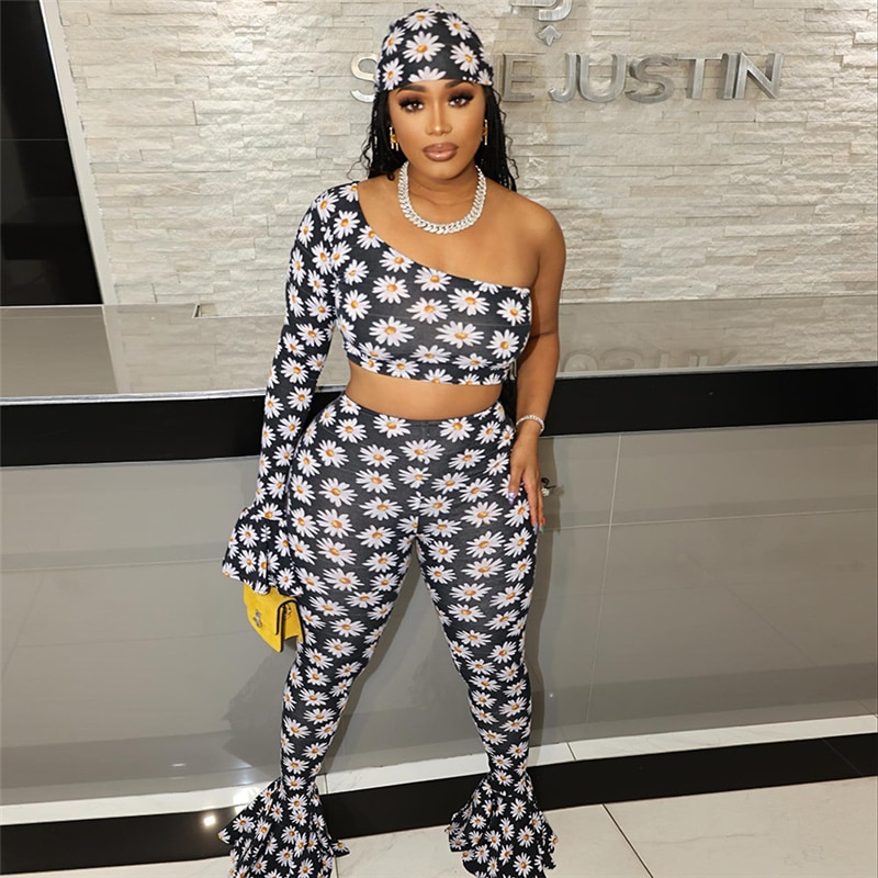 Three Pieces Set Daisy Mesh Print Women Single Sleeve Crop Tops and Skinny Flared Pants With Headscarf Match Streetwear