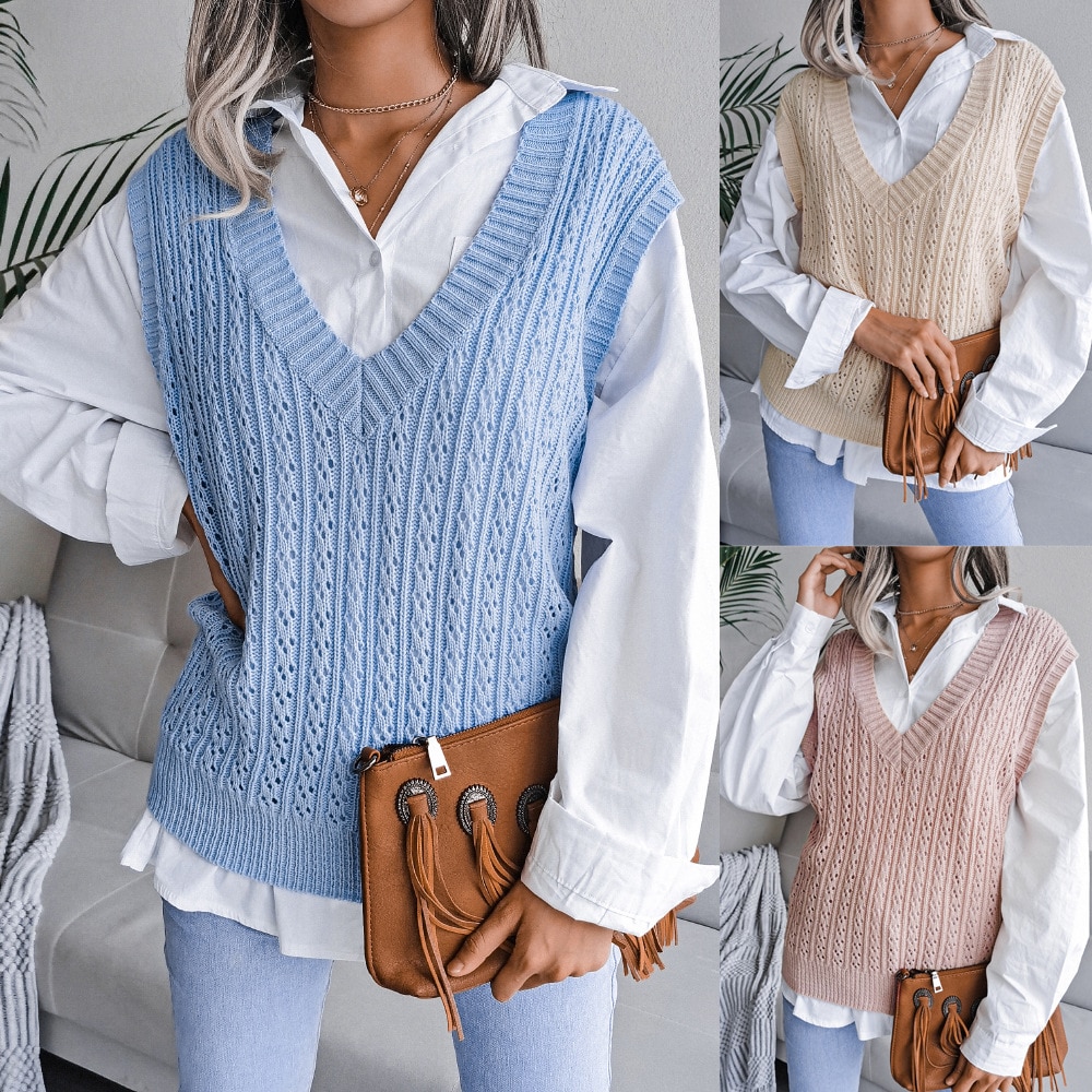 2022 autumn and winter Europe and the United States V-neck hollowed out twist casual knitted vest sweater vest women's wear
