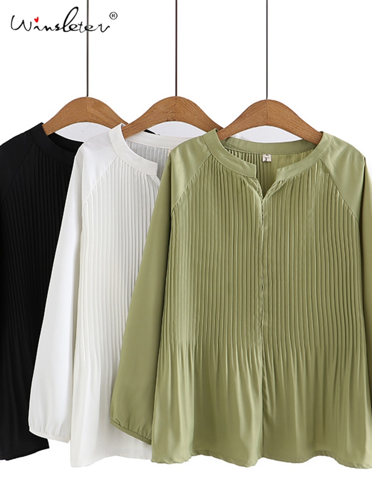 New Spring Women Pleated Chiffon Blouses V Necks Long Sleeve Solid Color Casual Pullover Shirts Loose Tops Fall T35605M