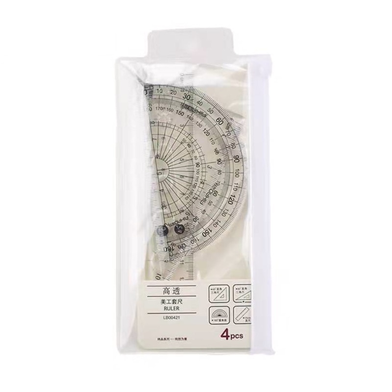 4Pcs Math Geometry Tool Set Includes Plastic Clear Ruler,Protractor, Ruler for School Office-Home Supplies
