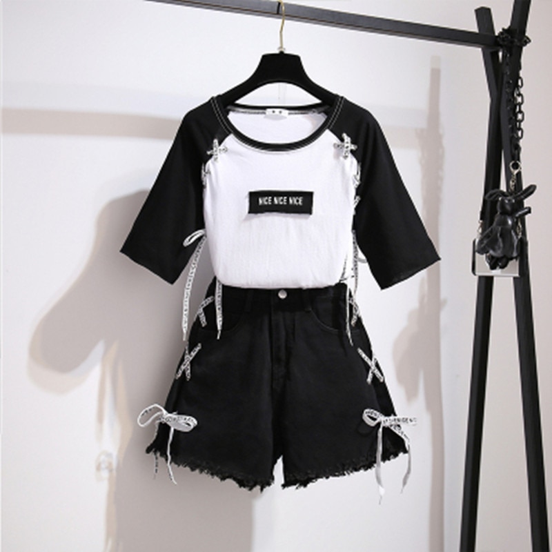 Patchwork Color Fashion T-Shirt Tops + Denim Shorts 2 Pieces Sets 2023 New Arrival Summer Women's Lacing Jeans Short Pants 