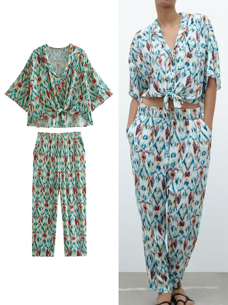TRAF Summer Ladies Print Shirt Pant Sets 2023 New V-Neck Short Flare Sleeve Bow Decoration Top Elastic Waist Full-Length Pant