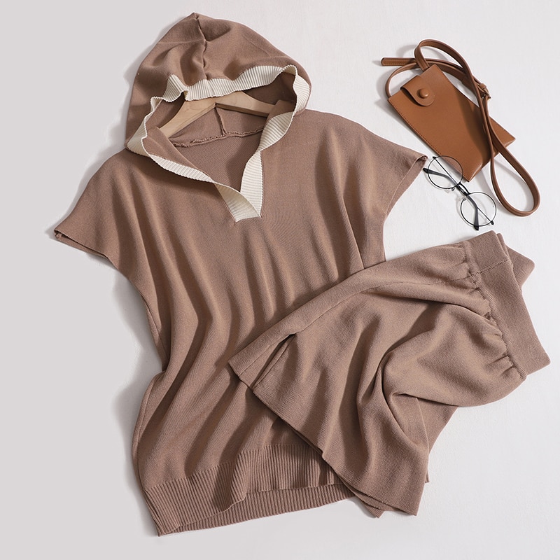 Women Knitted Shorts Suit Summer New Fashion Casual Loose Fit V-neck Hooded Short Tops + Wide Leg Shorts Two Piece Set for Women