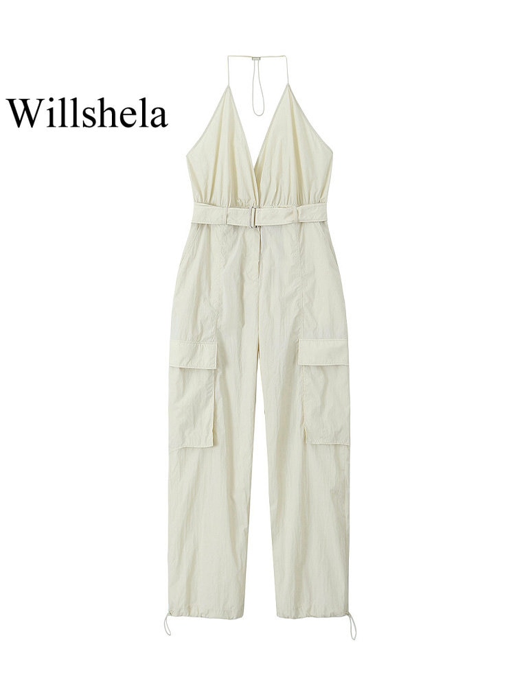 Willshela Women Fashion With Pockets Belt Beige Backless Cargo Jumpsuits Vintage Halter V-Neck Female Chic Lady Rompers Outfits