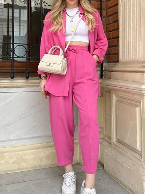 Summer Women's Suit with Pants 2023 Cotton Button Shirts and Trousers Tracksuit Women Two Piece Set Outfit Elegant Home Sui