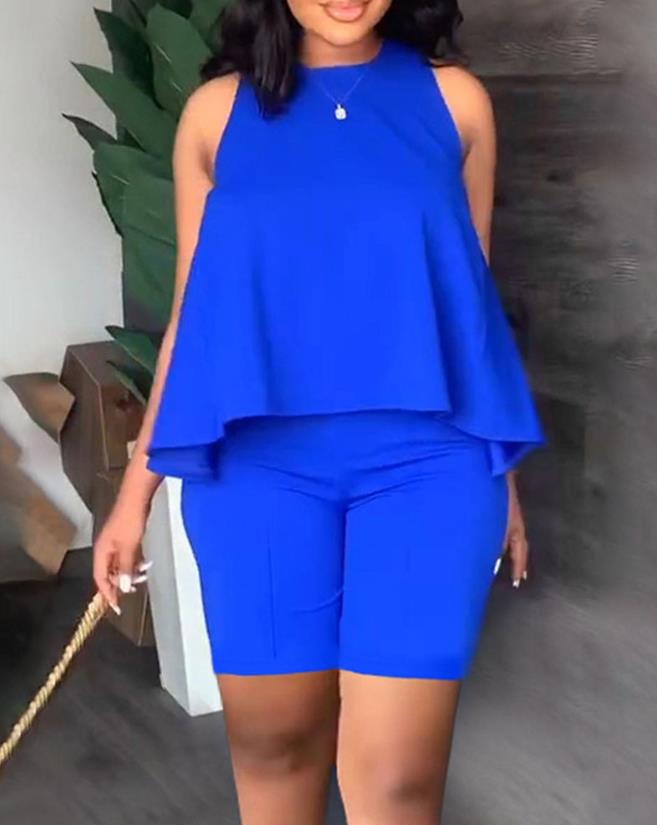 Two Piece Sets Womens Outifits 2023 Summer Fashion O-Neck Sleeveless Flowy Tank Top & Casual Plain Skinny Daily Shorts Set