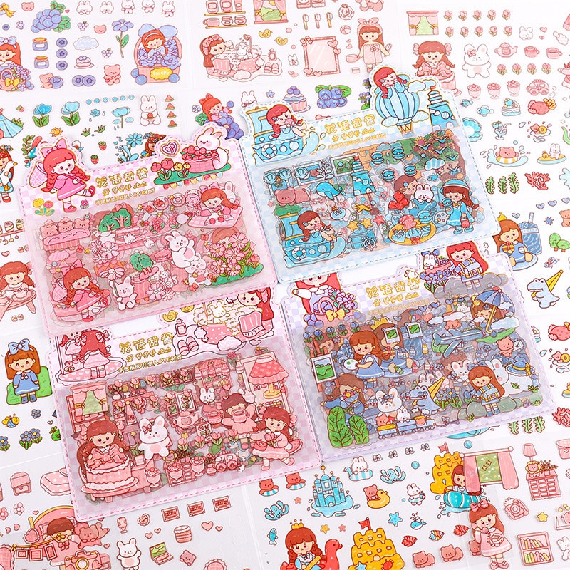 MOHAMM 10 Sheets Cute Cartoon Girl Life PVC Waterproof Stationery Sticker for DIY Collage Journaling