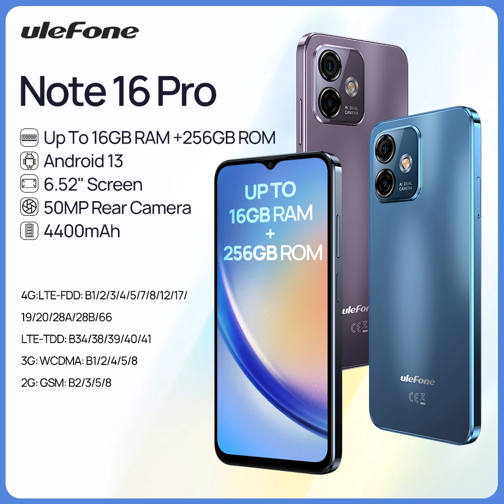 Ulefone Note 16 Pro Smartphone 256GB ROM Android 13 Global Version Phone 50MP 6.52 inch 4400mAh GPS 4G Cellular