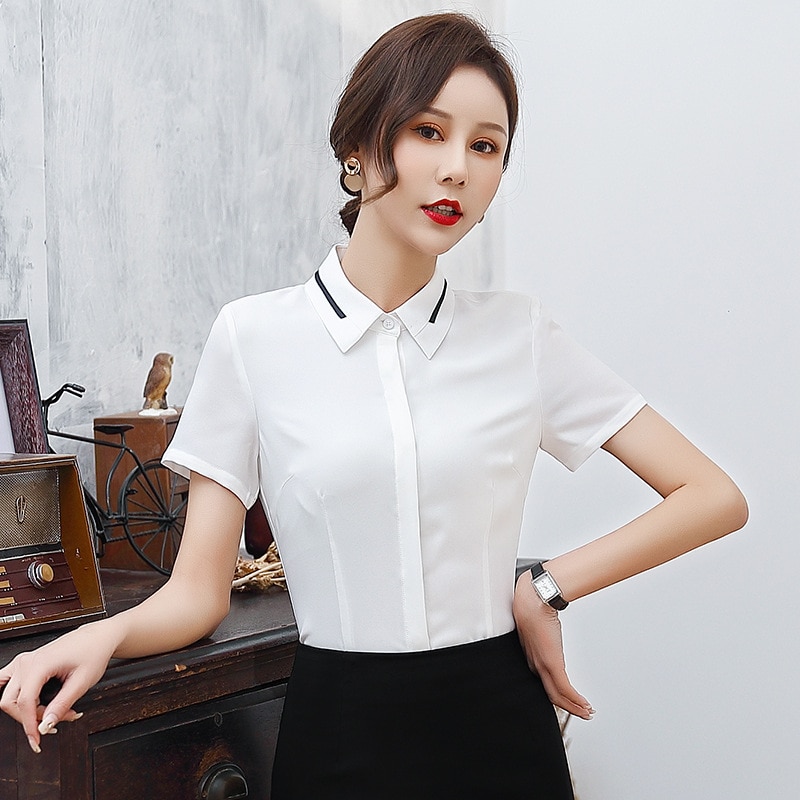 Chiffon Shirt Women Summer 2023 Short Sleeve Contrast Blouse Shirt Office Ladies Work Wear Black White OL Tops Blusas Mujer XXL