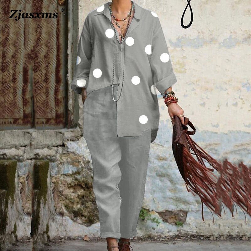 Vintage Solid Color Turn-Down Collar Top With Long Pant Outfit Fashion Women Two Piece Sets 2023 Spring Long Sleeve Button Suits