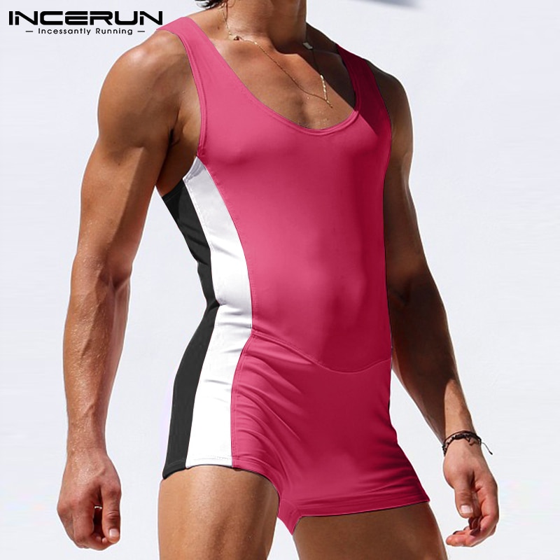 Fashion Men Rompers Patchwork Bodybuilding Sleeveless Leisure Homewear Pajamas Jumpsuits Workout Men Rompers S-5XL INCERUN 2023