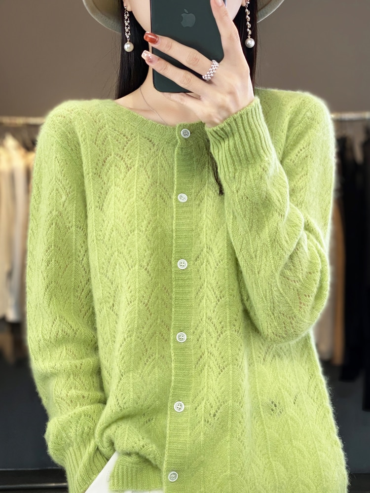 Fashion Hollow Out High Quality Women Sweaters 100% Pure Merino Wool Female Clothing Spring Autumn O-Neck Top Cardigan Knitwear