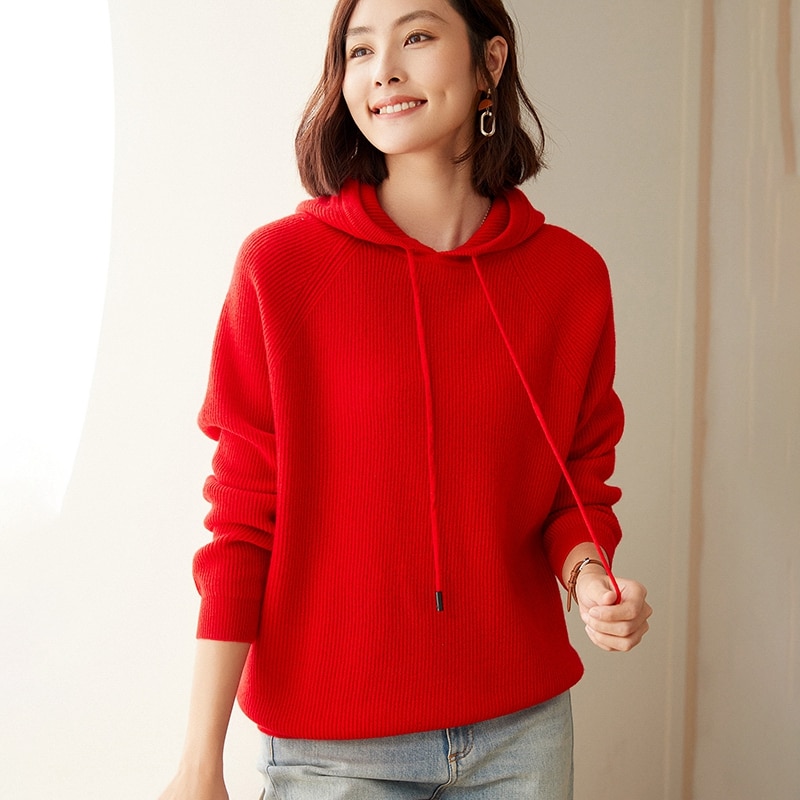 100% Pure Goat Sweater Women's Hoodie Thickened Loose Sweater Lazy Wind Knitted Casual High-End Pullover Hoodie