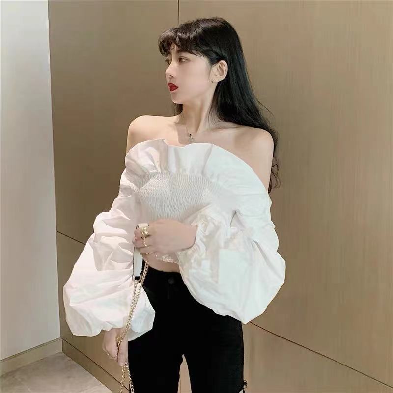 2023 White Off Shoulder Crop Tops Women Summer Solid Color Lantern Sleeve Shirts Lady Sexy Slash Neck Beach Blouse Tops A702