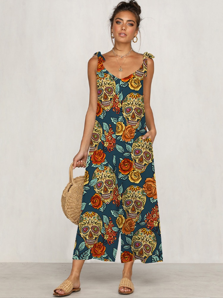 New Women Casual Spaghetti Strap Jumpsuit Summer Strapless Back Loose Hole Pattern Print Jumpsuits Female Vintage Street Rompers