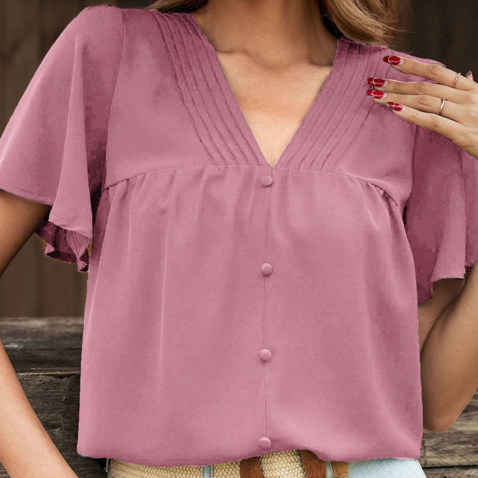 Fashion Pleated V Neck Chiffon Shirts Trend Button Short Sleeve Loose Tunic Top Plus Size Lady Office Women Blouse Camisas Blusa