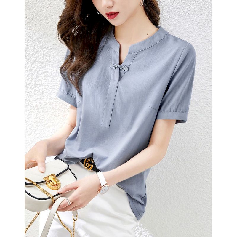 Simple Fashion Blouses Women Lightweight Cool Solid Color Breathable Shirt V-neck Short Sleeve Blouse 2023 Summer Trend Thin Top