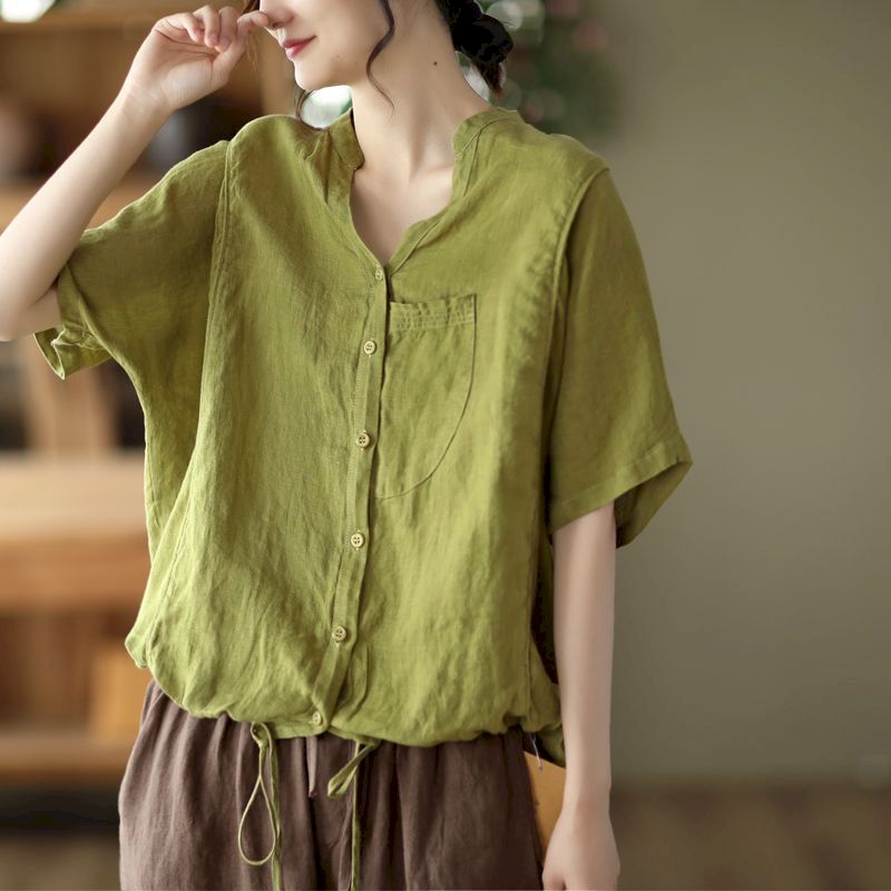 Cotton Linen Shirts Women Fashion Design Drawstring Cardigan Shirt Casual Loose Short Sleeve V-neck Blouses Summer Trend Thin