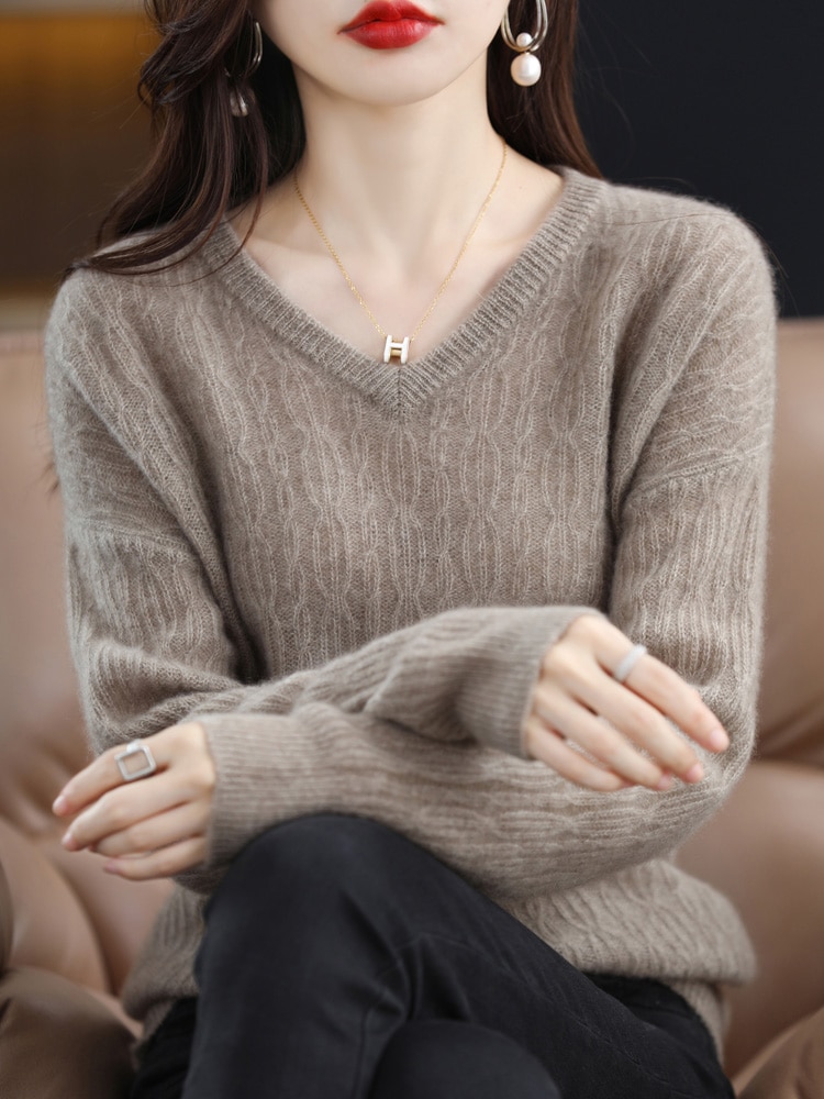 Long Sleeve Spring Autumn Women's Merino Wool Knitted Pullover V-Neck Loose Sweater Knitwear Clothing Grace Basic Top