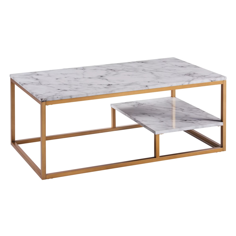 Marmo Modern Marble-Look Coffee Table with Shelf, Marble/Brass