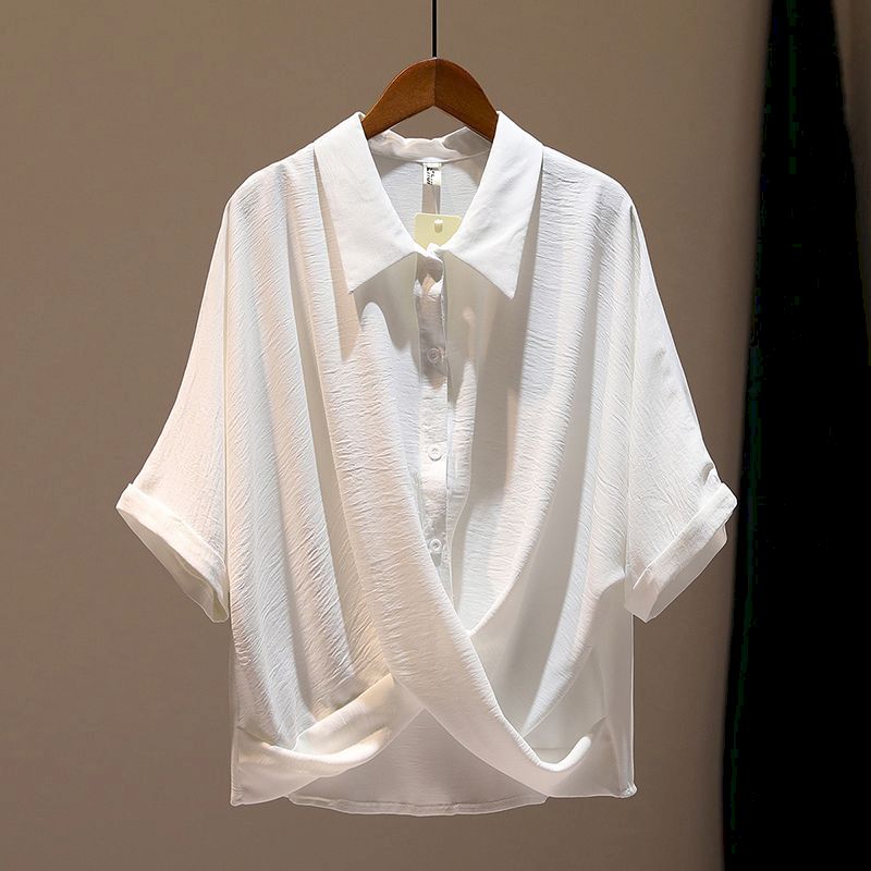 Fashion Cross Design Shirts Women Summer Trend Thin Loose Blouses Dark Pattern Natural Pleated Irregular Short Sleeve Shirt Top