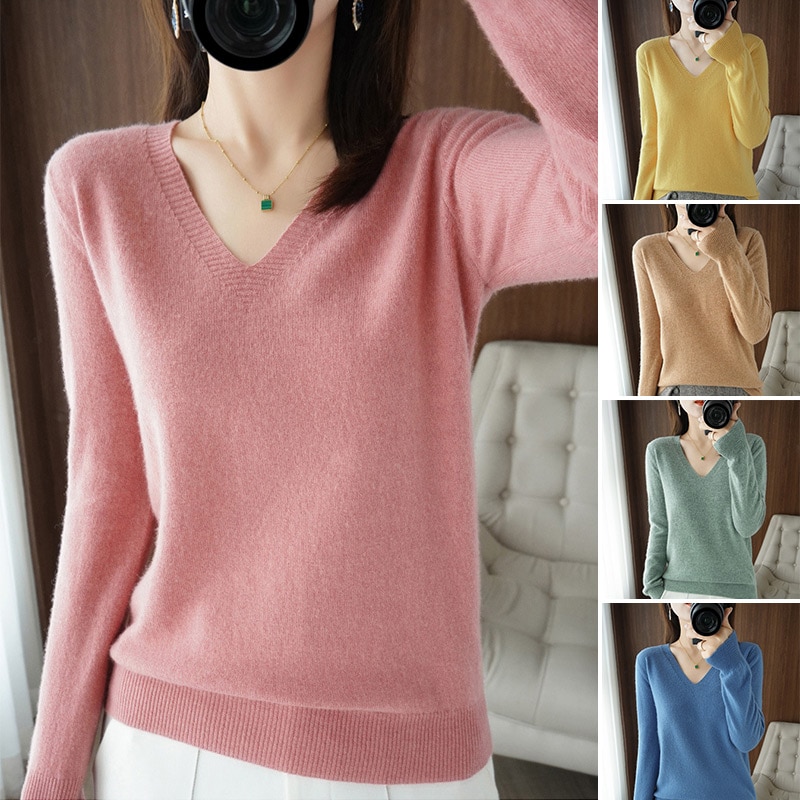 Womens Sweaters Autumn Winter Warm Casual Knitted Pullovers V-Neck Loose Basic Sweaters Fashion Soft Knitwear Bottoming Shirt