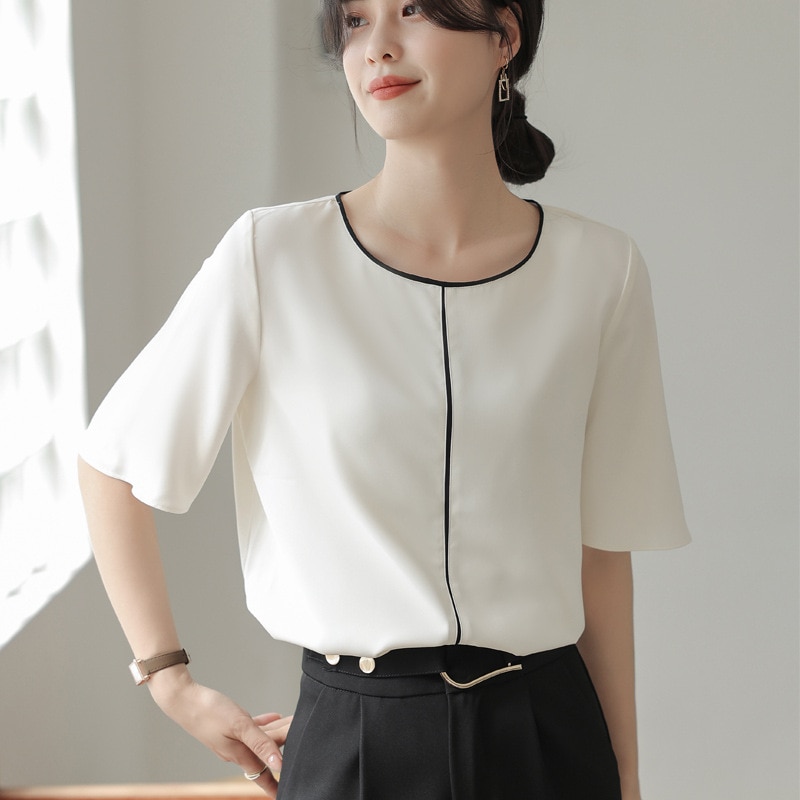 Korean All Match Women Chiffon Shirt Office Lady Blouse 2023 Summer New Fashion Elegant O-neck Solid Patchwork Female Tops
