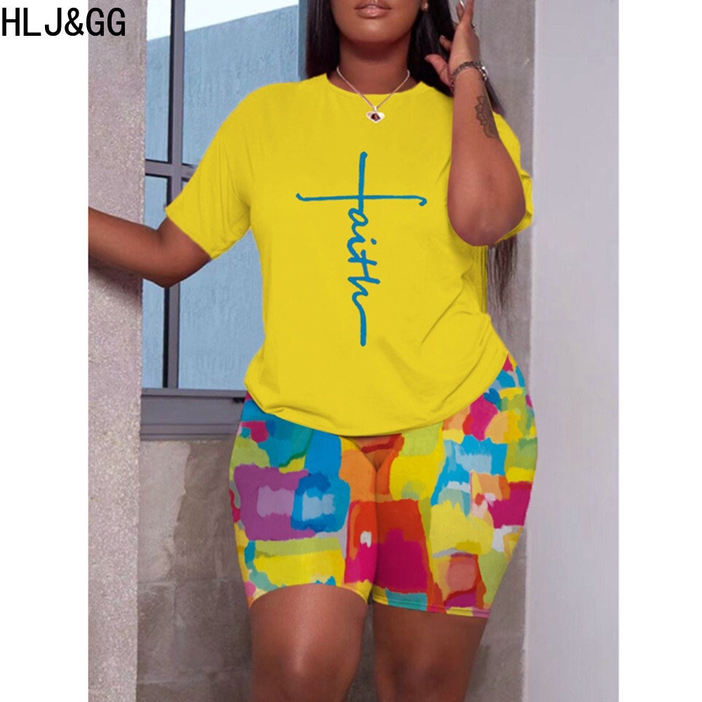 HLJ&GG Summer Printing Shorts Two Piece Sets Women Round Neck Short Sleeve Top And Biker Shorts Tracksuits Casual 2pcs Outfi