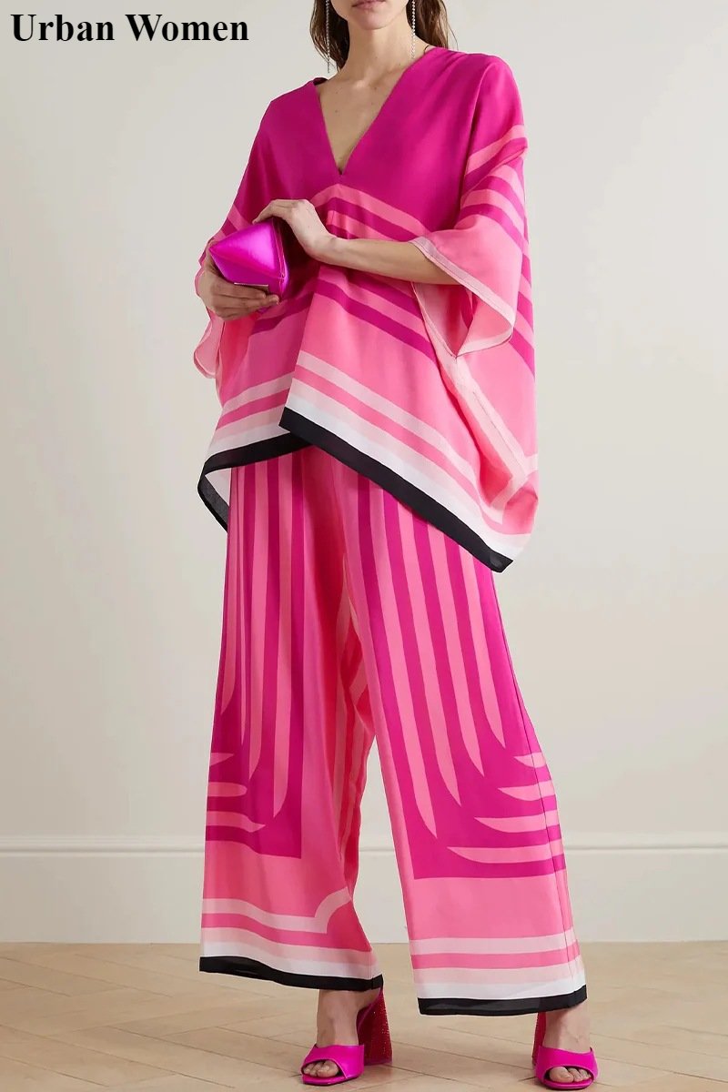 Spring Summer Fashion Loose Printing Two Piece Set Women Casual Loose Pullover Tshirt Wide Leg Pants Two Piece Set Women