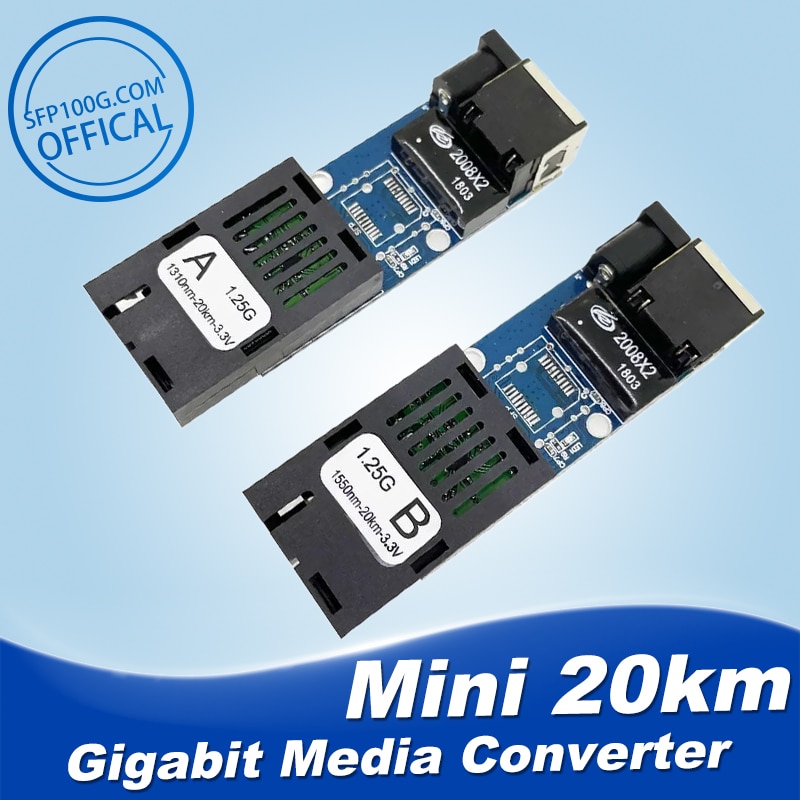 Supper mini FTTH 1 Pair Gigabit Fiber Optical Media Converter 10/100/1000Mbps Single Mode Single Fiber SC Port 20KM PCBA