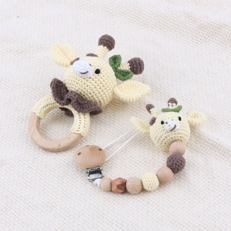 Dummy Clip with Crochet Baby Teether for Baby Wooden- Baby Dummy Clips Teething P31B