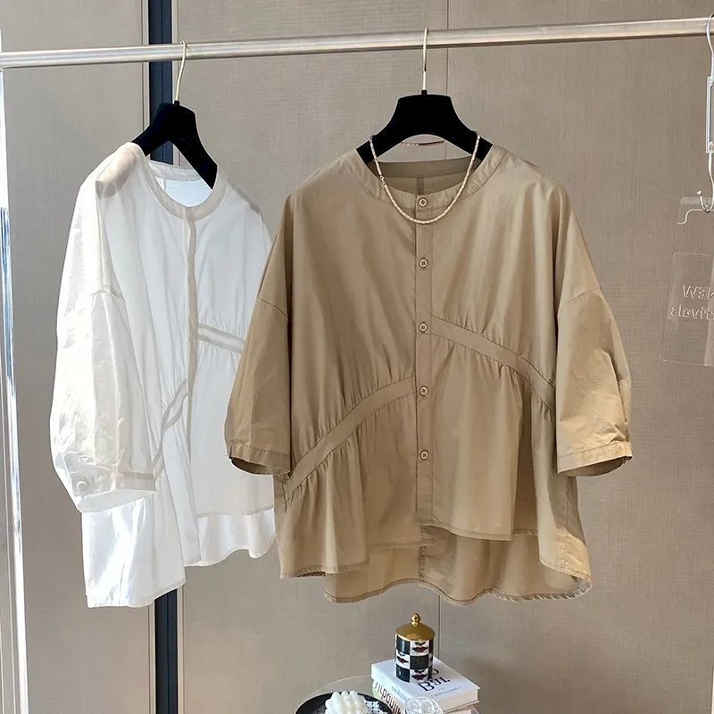 Cotton Linen Shirts Women Fashion Design Sense Niche Blouse Loose Asymmetric Pleated Patchwork Doll Shirt Summer Trend Thin Tops