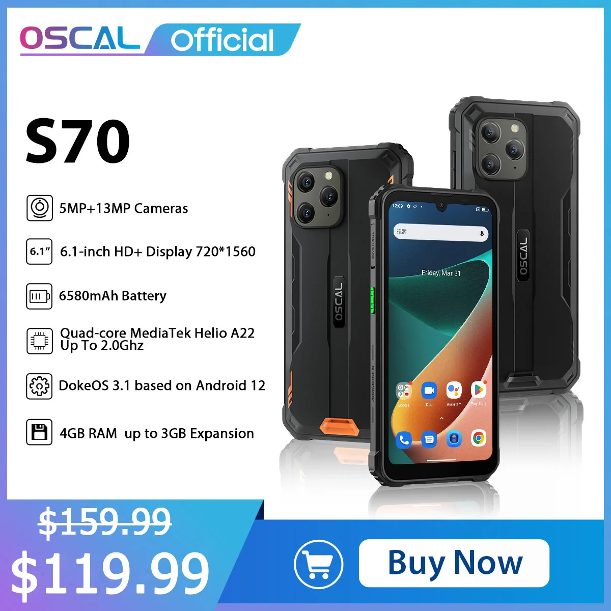 OSCAL S70 IP68 Waterproof Rugged Helio A22 Android 12 6580mAh 6.1" HD+ IPS Screen