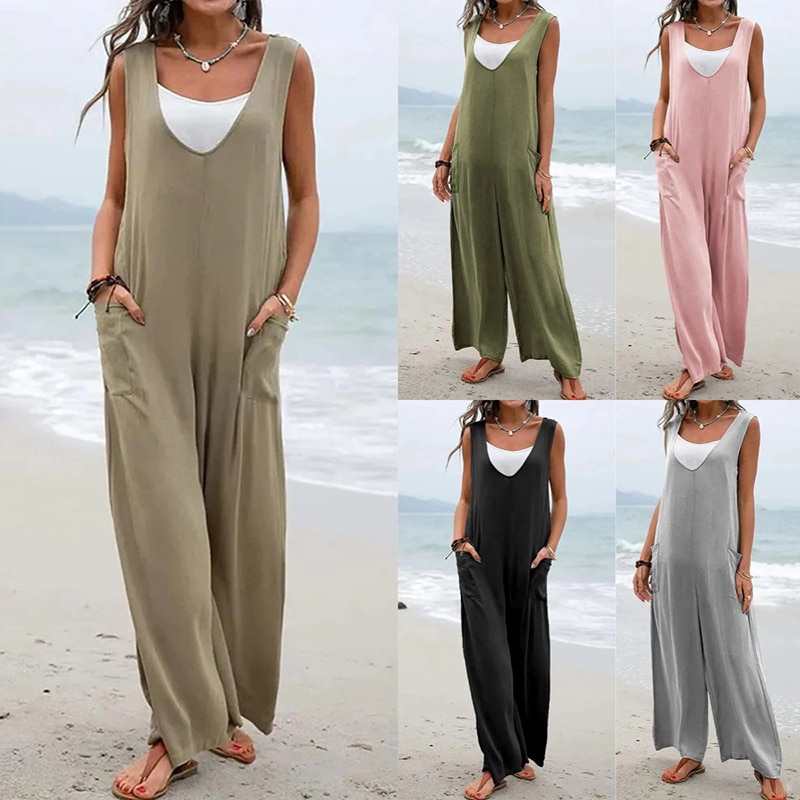 Summer Women's Casual Jumpsuit 2023 New Sleeveless Loose Solid Wide Leg Pants Beach Vacation Unique Pocket Strap Pants